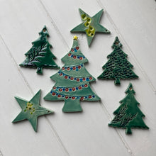 Load image into Gallery viewer, Handmade ceramic tree and star decorations painted in green glaze