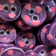 Load image into Gallery viewer, Purple ceramic buttons with pink polka dots