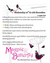 Load image into Gallery viewer, Advertisement for a festive ceramics workshop for children with Magpie & Butterfly.