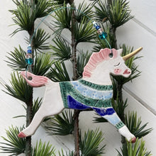 Load image into Gallery viewer, Ceramic unicorn in a jumper decoration