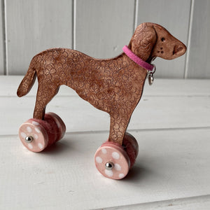 Liver Curly Retriever "Woof on Wheels"