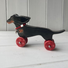 Load image into Gallery viewer, Wind Blown Black & Tan Dachshund "Woof on Wheels"