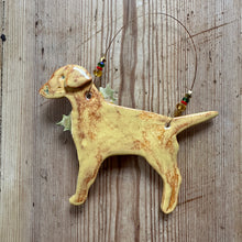 Load image into Gallery viewer, Ceramic festive blond labrador ornament on a wooden surface
