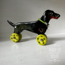Load image into Gallery viewer, Black &amp; Tan Dachshund &quot;Woof on Wheels&quot;
