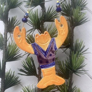 Ceramic Lobster in a purple tank top