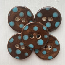 Load image into Gallery viewer, Brown and turquoise spot 3cm ceramic button
