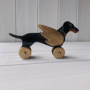 Winged Black & Tan Dachshund "Woof on Wheels"