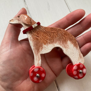 Red Ceramic Borzoi "Woof on Wheels" Ornament