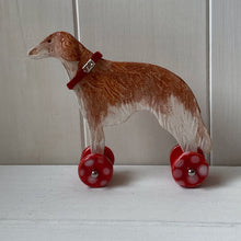 Load image into Gallery viewer, Red Ceramic Borzoi &quot;Woof on Wheels&quot; Ornament

