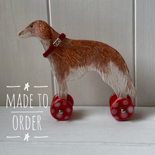 Load image into Gallery viewer, Red Ceramic Borzoi &quot;Woof on Wheels&quot; Ornament
