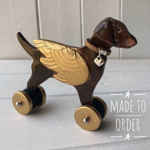 Black or Chocolate, Winged Labrador  "Woof on Wheels" Ceramic Ornament.