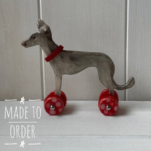 Load image into Gallery viewer, Grey Ceramic &quot;Woof on Wheels&quot; Whippet Decoration
