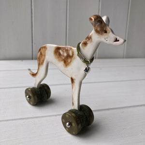 Greyhound Ceramic "Woof on Wheels" Ornament