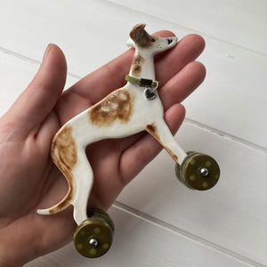 Greyhound Ceramic "Woof on Wheels" Ornament