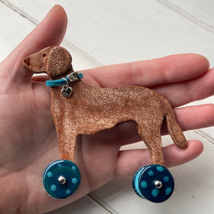 Liver Curly Retriever "Woof on Wheels"