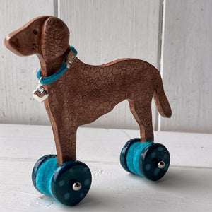 Liver Curly Retriever "Woof on Wheels"