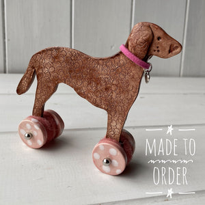 Liver Curly Retriever "Woof on Wheels"