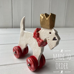 White Party Terrier "Woof on Wheels"