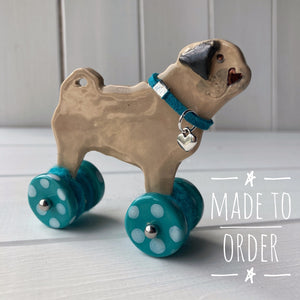 Pug "Woof on Wheels" ceramic ornament