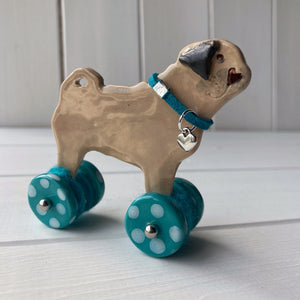 Pug "Woof on Wheels" ceramic ornament