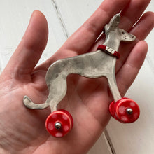 Load image into Gallery viewer, Grey Ceramic &quot;Woof on Wheels&quot; Whippet Decoration
