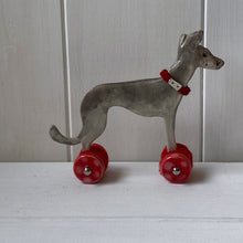 Load image into Gallery viewer, Grey Ceramic &quot;Woof on Wheels&quot; Whippet Decoration
