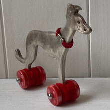 Load image into Gallery viewer, Grey Ceramic &quot;Woof on Wheels&quot; Whippet Decoration
