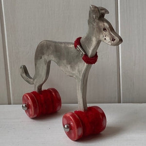 Grey Ceramic "Woof on Wheels" Whippet Decoration