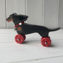 Load image into Gallery viewer, Wind Blown Black &amp; Tan Dachshund &quot;Woof on Wheels&quot;
